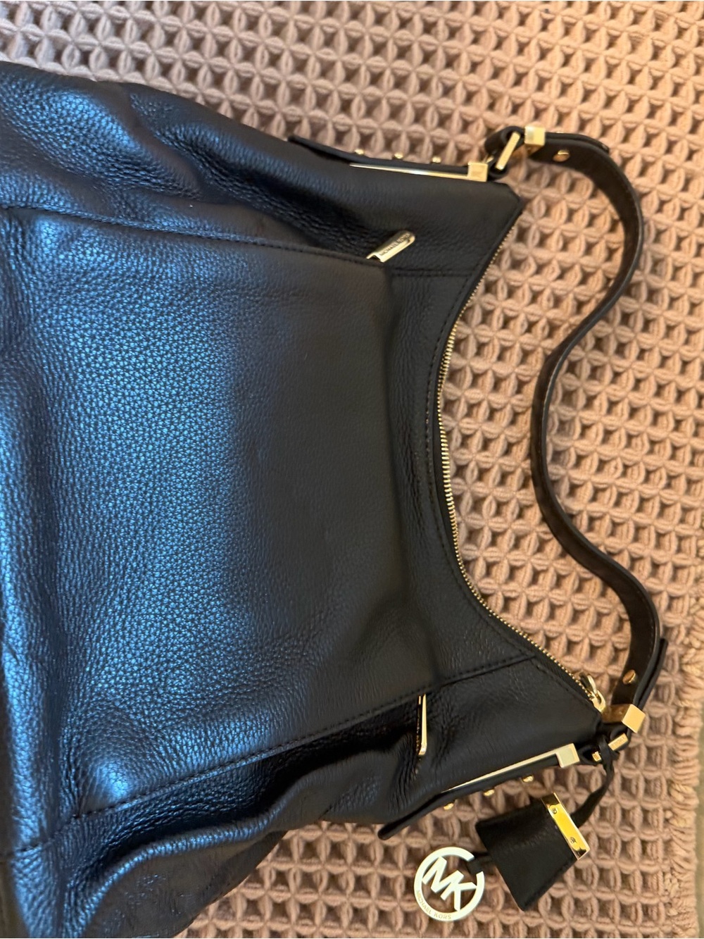 Michael Kors Black Pebbled Leather Shoulder Bag with Gold Hardware